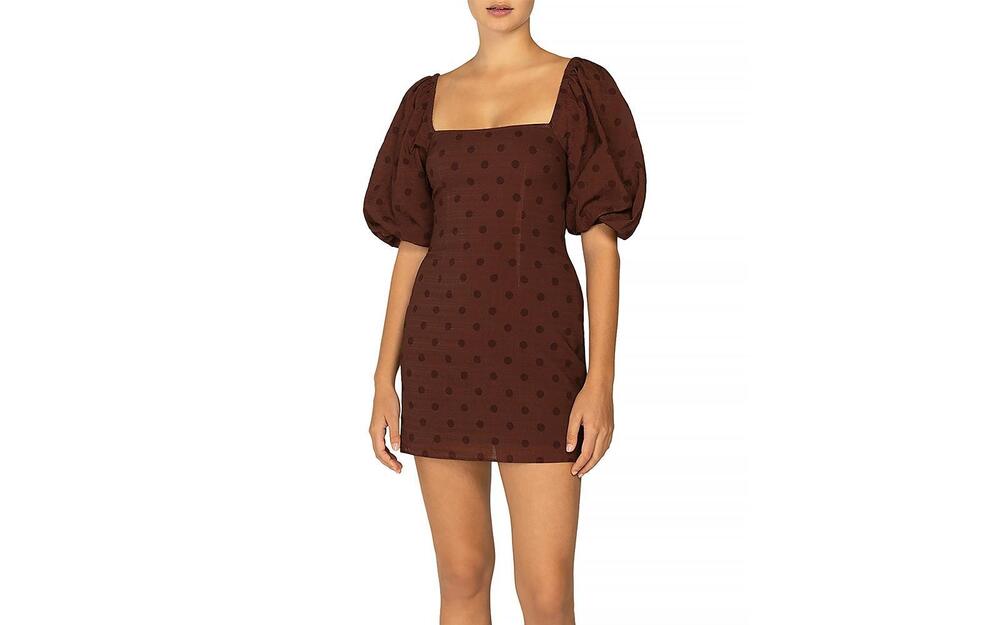 Peony  Printed Puff Sleeve Cover-Up Dress, Size 4 US Brown